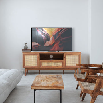 Finley 59 in. Farmhouse Caned TV Stand with Drawer and Storage Doors Fits TVs up to 65 in. with Cable Management - JONATHAN Y